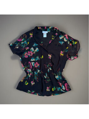 Kate Hill Black Floral Peplum Blouse Elastic Waist - Size 14